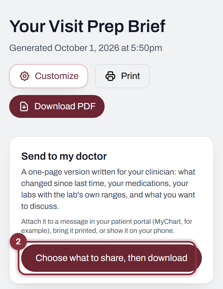 The Send to my doctor card on the visit brief