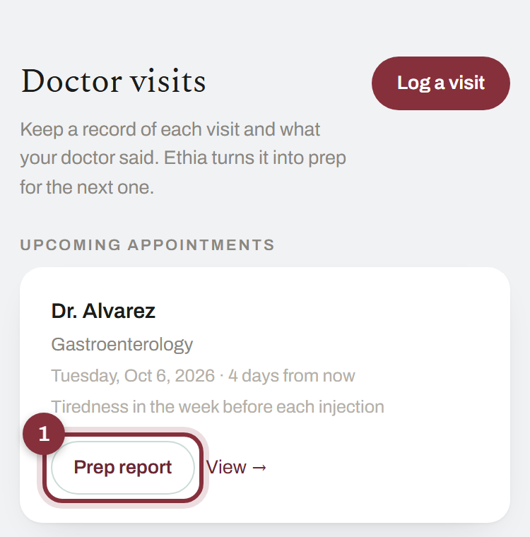 The Doctor visits screen with Prep report marked